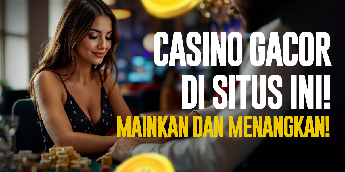 Seorang wanita cantik sedang duduk di meja casino, tersenyum sambil bermain chip emas dengan suasana malam penuh lampu mewah di latar.